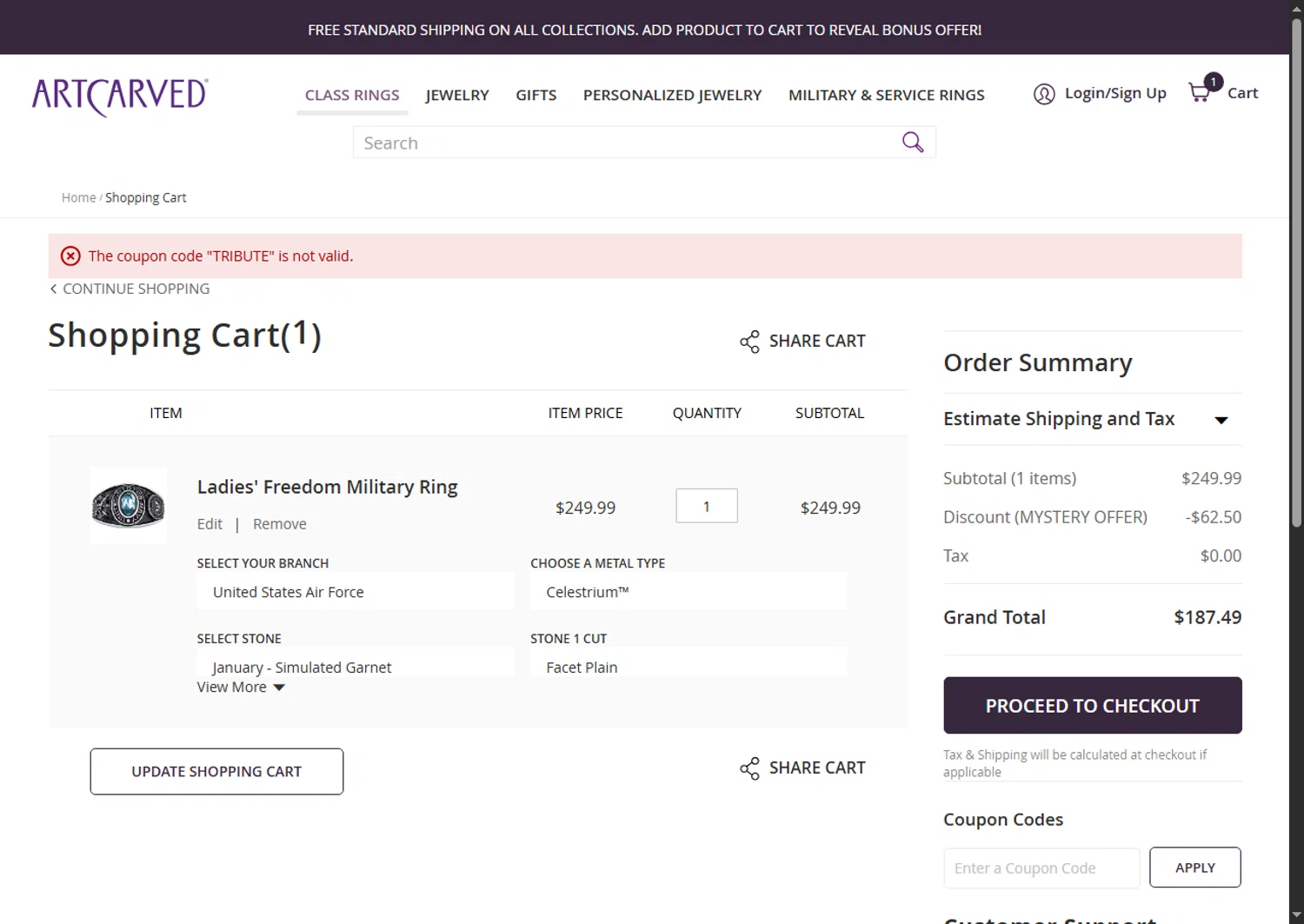 ArtCarved coupon code screenshot showing code TRIBUTE applied at ArtCarved checkout page. Uploaded by SimplyCodes community member PennyScholar504 on Jul 21, 2025