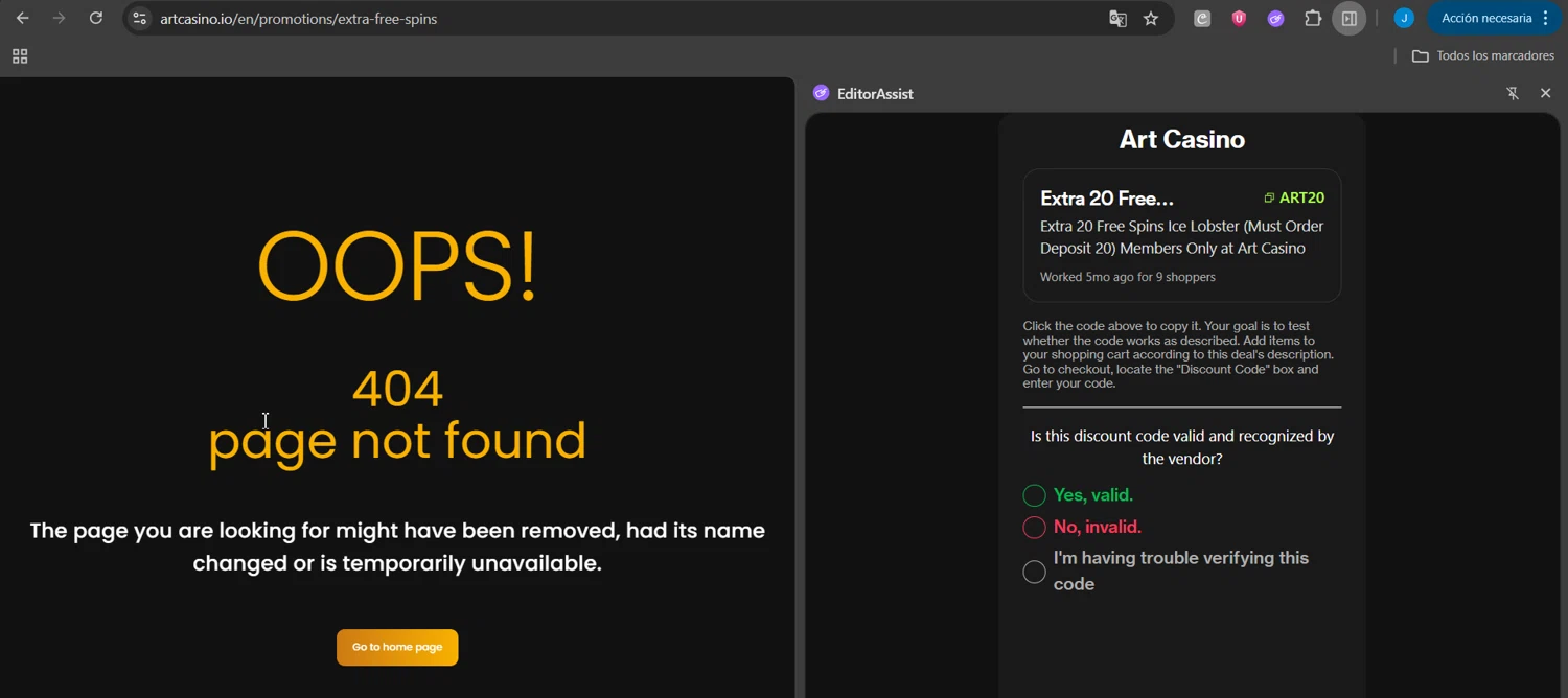 Art Casino promo code screenshot showing code ART20 applied at Art Casino checkout page. Uploaded by SimplyCodes community member Jeanjc on Oct 12, 2025