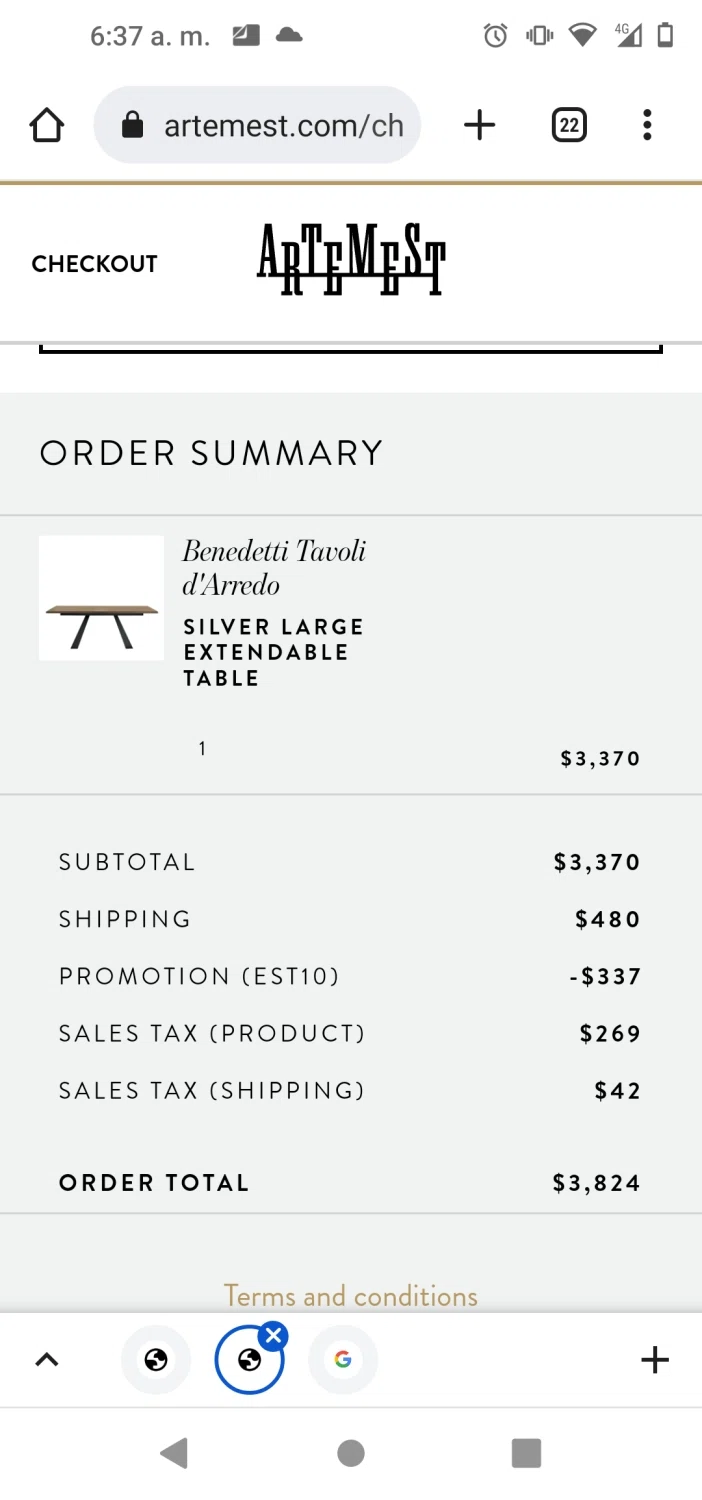 Artemest checkout page showing Artemest discount code box | Screenshot taken by SimplyCodes community member on Aug 24, 2022