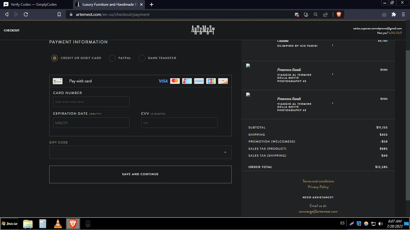 Artemest checkout page showing Artemest discount code box | Screenshot taken by SimplyCodes community member on Jul 20, 2023