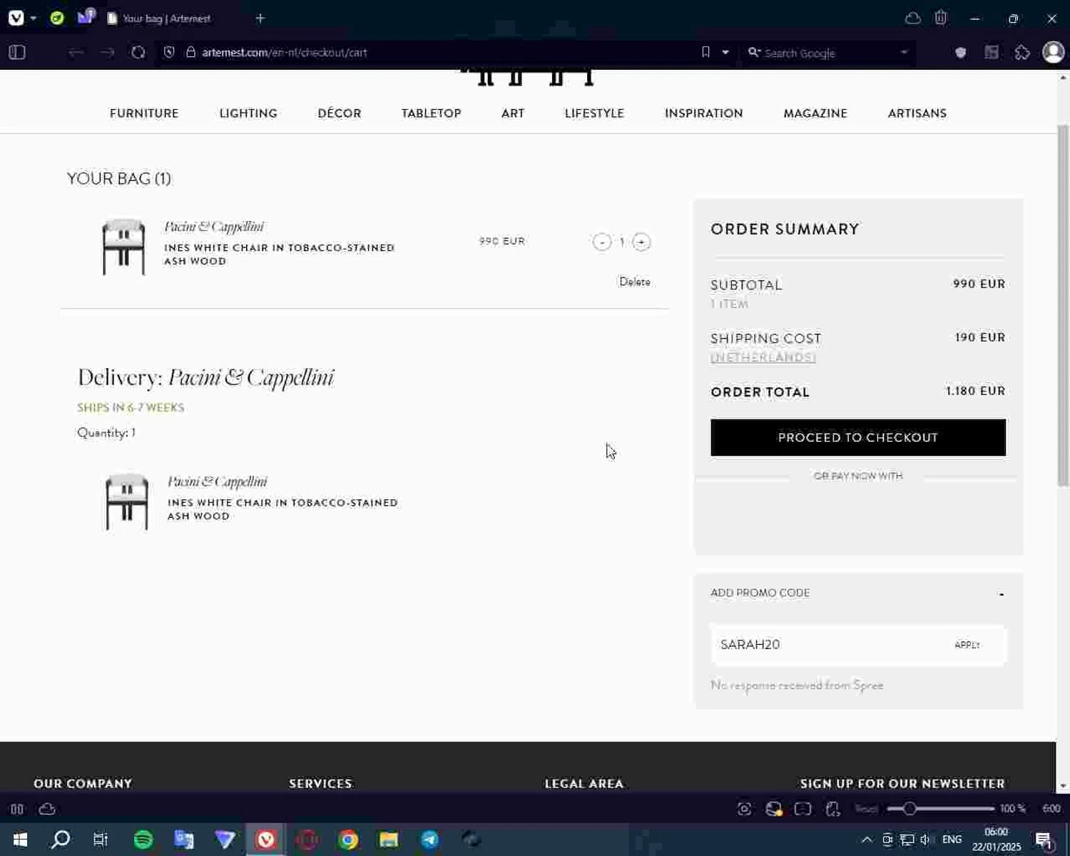 Artemest discount code screenshot showing code SARAH20 applied at Artemest checkout page. Uploaded by SimplyCodes community member Deadpool on Jan 22, 2025