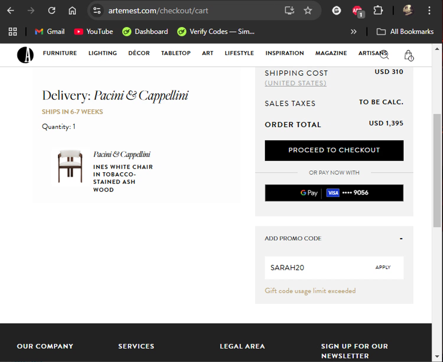 Artemest discount code screenshot showing code SARAH20 applied at Artemest checkout page. Uploaded by SimplyCodes community member LiShang on Jan 22, 2025