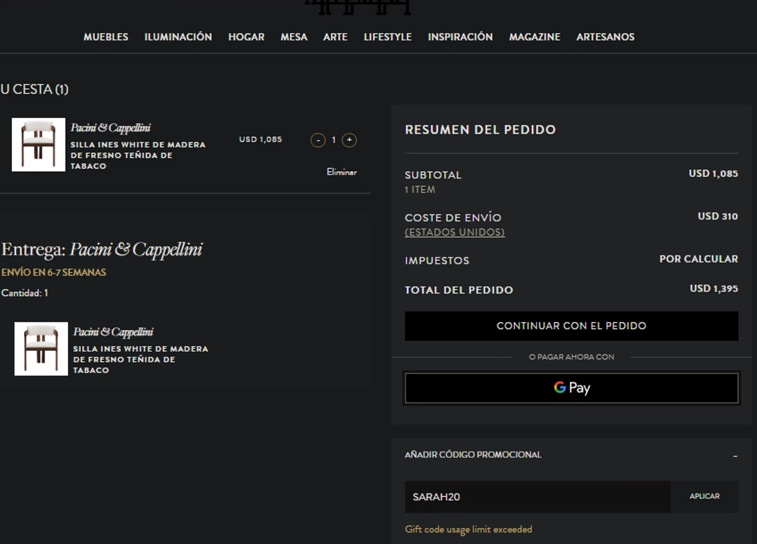 Artemest discount code screenshot showing code SARAH20 applied at Artemest checkout page. Uploaded by SimplyCodes community member idkxxx on Jan 22, 2025