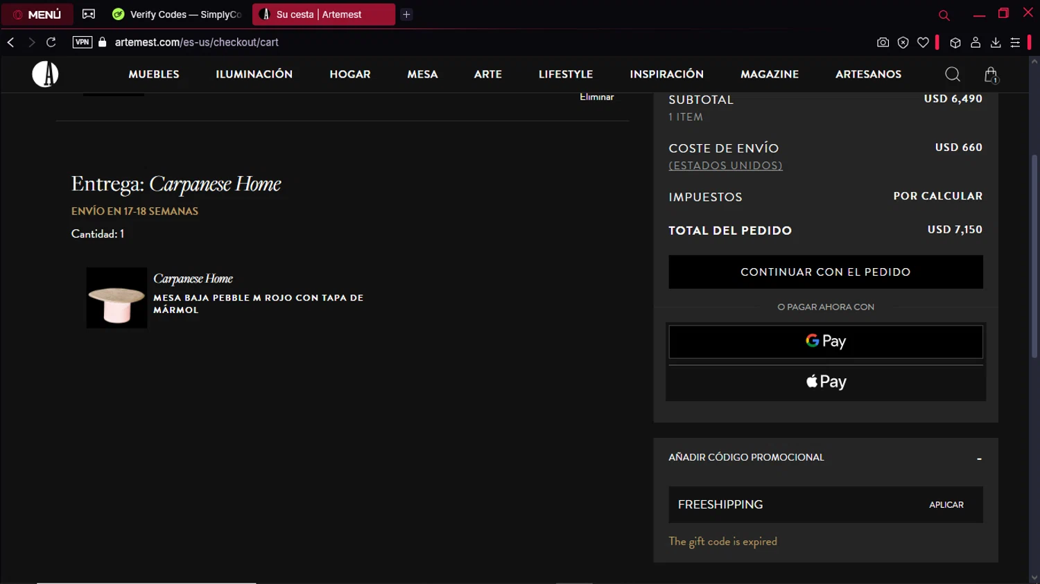 Artemest discount code screenshot showing code FREESHIPPING applied at Artemest checkout page. Uploaded by SimplyCodes community member Formama on Apr 22, 2025