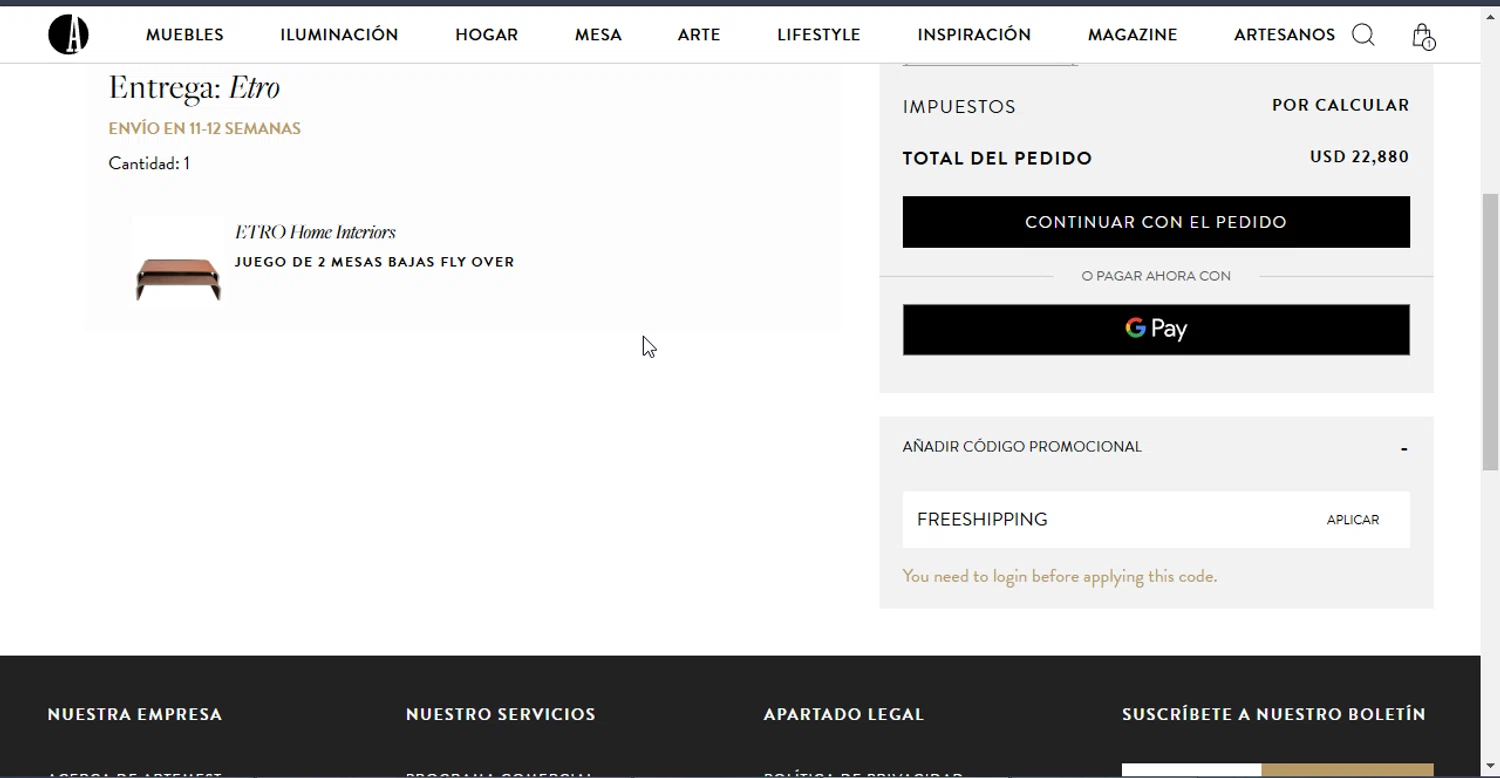 Artemest checkout page showing Artemest discount code box | Screenshot taken by SimplyCodes community member on Mar 1, 2025