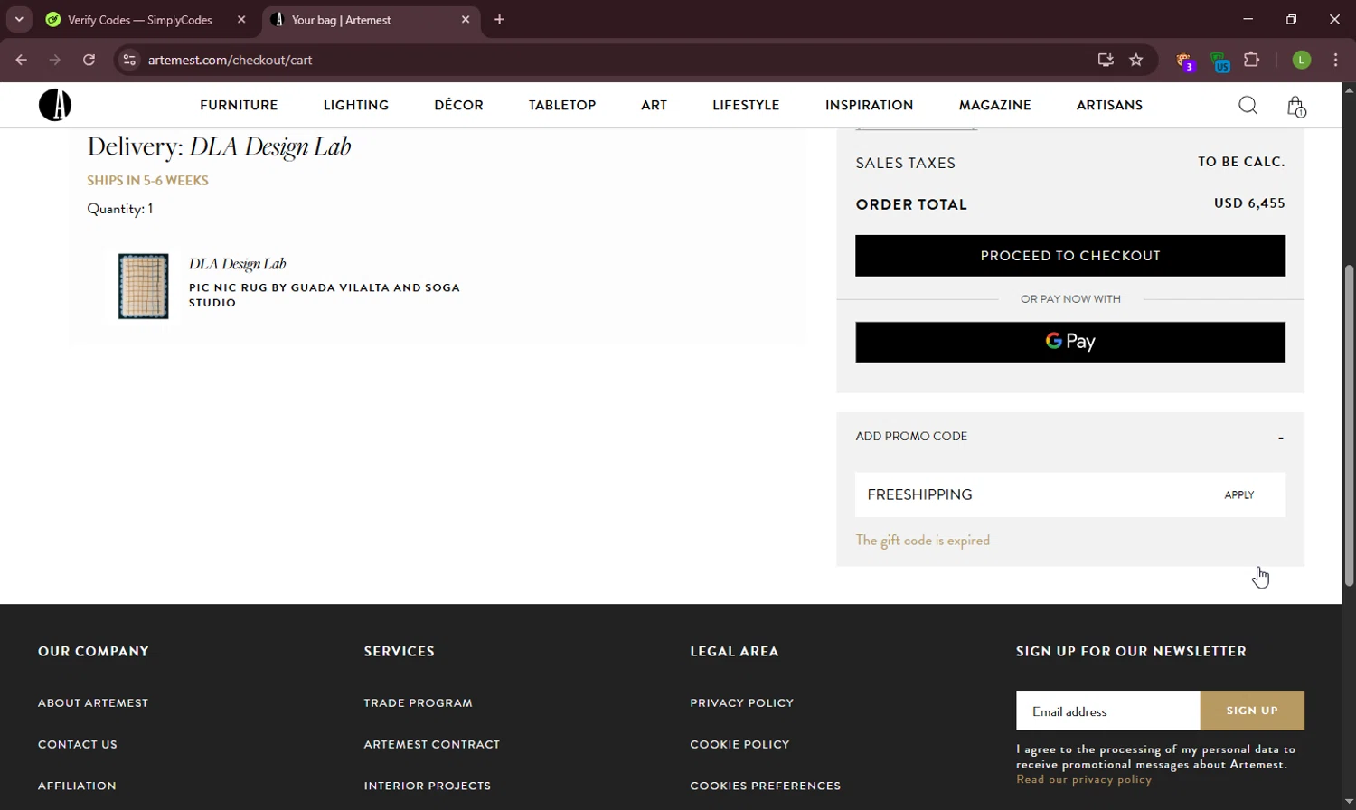 Artemest discount code screenshot showing code FREESHIPPING applied at Artemest checkout page. Uploaded by SimplyCodes community member CodeFinder699 on Apr 22, 2025