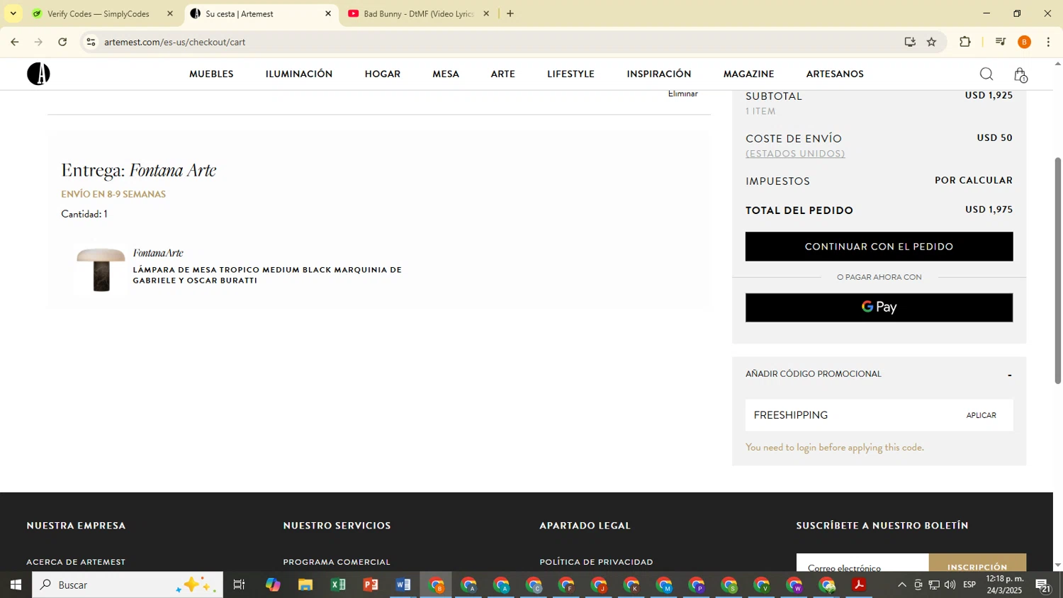 Artemest checkout page showing Artemest discount code box | Screenshot taken by SimplyCodes community member on Mar 24, 2025