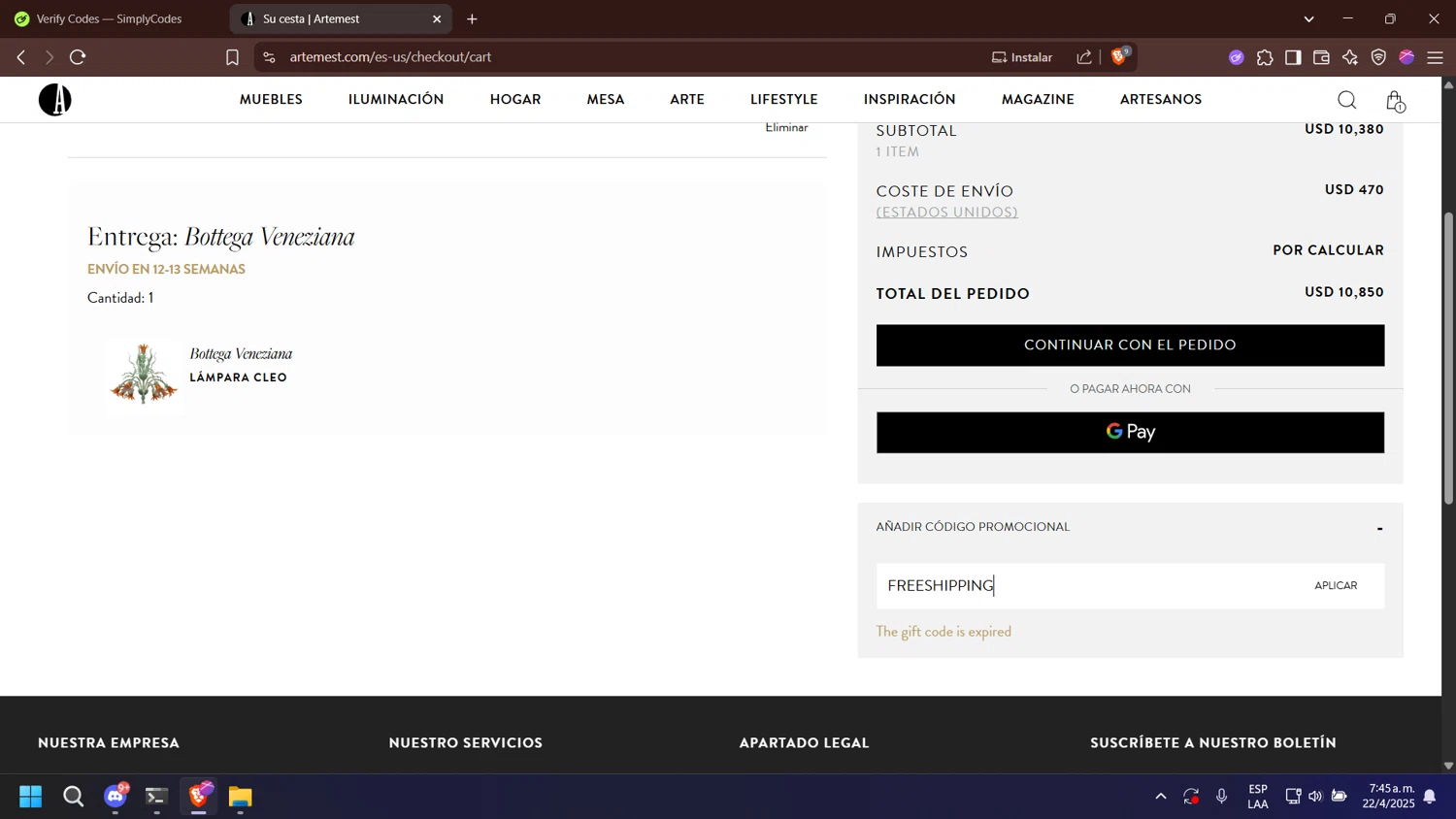 Artemest discount code screenshot showing code FREESHIPPING applied at Artemest checkout page. Uploaded by SimplyCodes community member esperanza on Apr 22, 2025
