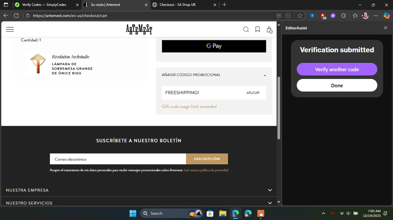 Artemest discount code screenshot showing code Freeshipping1 applied at Artemest checkout page. Uploaded by SimplyCodes community member Blackleg_Sanji on Oct 19, 2025