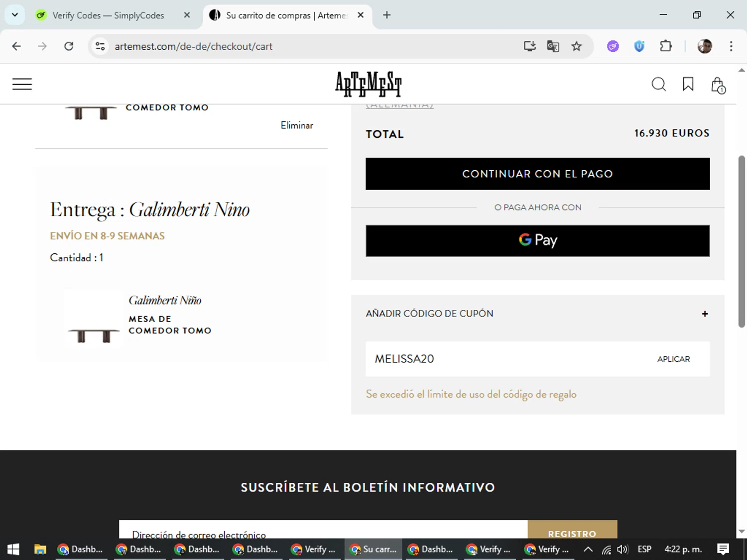 Artemest discount code screenshot showing code Melissa20 applied at Artemest checkout page. Uploaded by SimplyCodes community member DiscountSeeker682 on Oct 8, 2025