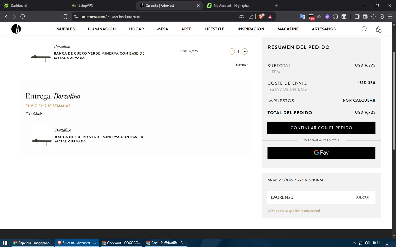 Artemest discount code screenshot showing code LAUREN20 applied at Artemest checkout page. Uploaded by SimplyCodes community member usuario500 on Sep 14, 2025