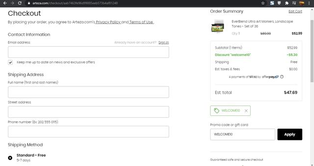 Arteza checkout page showing Arteza promo code box | Screenshot taken by SimplyCodes community member on May 13, 2021