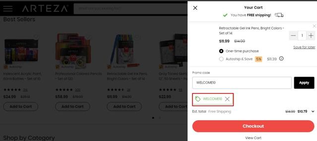 Arteza checkout page showing Arteza promo code box | Screenshot taken by SimplyCodes community member on May 6, 2021