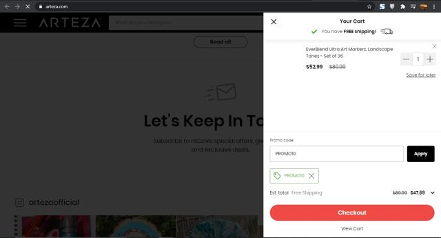 Arteza checkout page showing Arteza promo code box | Screenshot taken by SimplyCodes community member on May 13, 2021