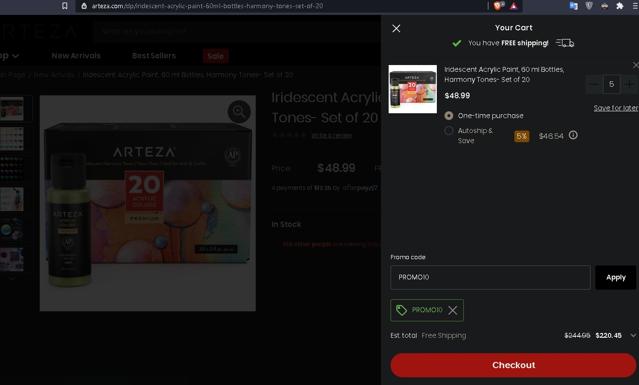 Arteza checkout page showing Arteza promo code box | Screenshot taken by SimplyCodes community member on May 6, 2021