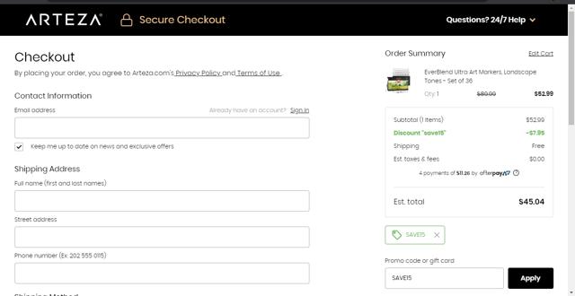 Arteza checkout page showing Arteza promo code box | Screenshot taken by SimplyCodes community member on May 13, 2021
