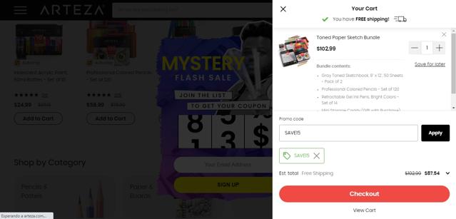Arteza checkout page showing Arteza promo code box | Screenshot taken by SimplyCodes community member on May 6, 2021