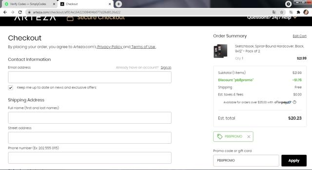 Arteza checkout page showing Arteza promo code box | Screenshot taken by SimplyCodes community member on May 6, 2021