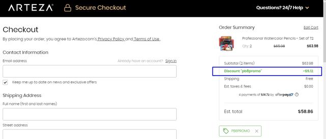 Arteza checkout page showing Arteza promo code box | Screenshot taken by SimplyCodes community member on May 13, 2021