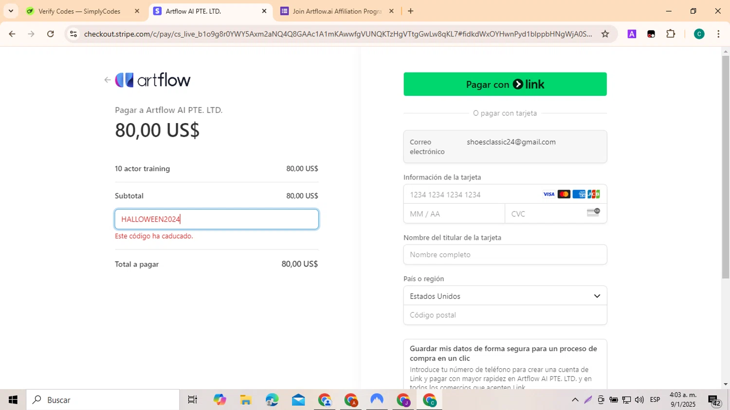 Artflow.ai promo code screenshot showing code HALLOWEEN2024 applied at Artflow.ai checkout page. Uploaded by SimplyCodes community member EpicSpotter3493 on Jan 9, 2025