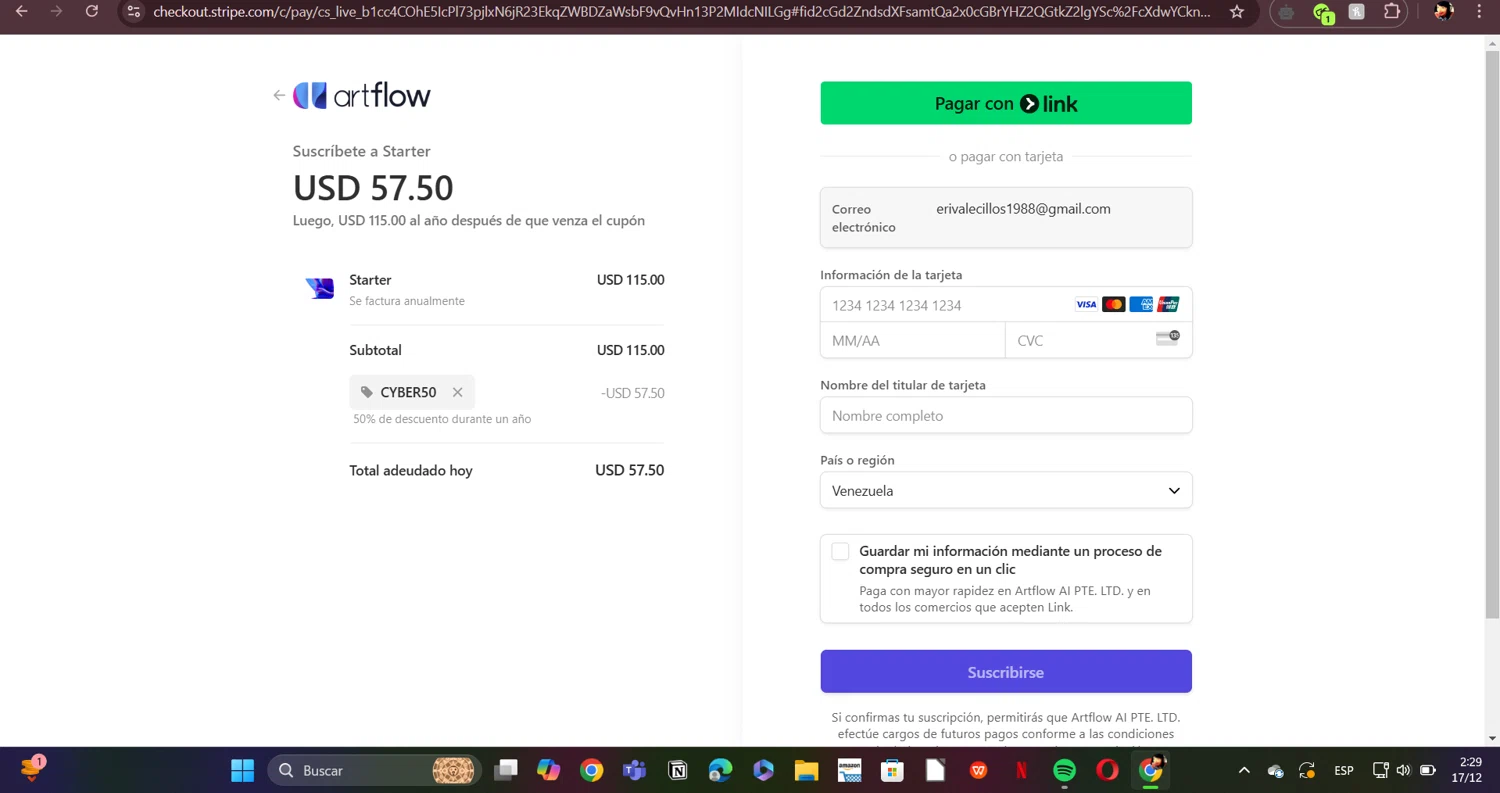Artflow.ai checkout page showing Artflow.ai promo code box | Screenshot taken by SimplyCodes community member on Dec 17, 2024