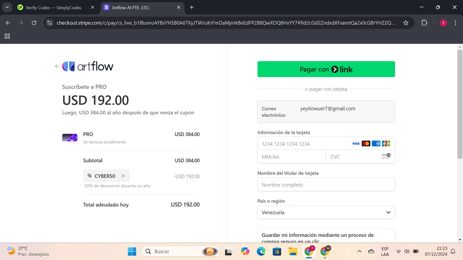 Artflow.ai checkout page showing Artflow.ai promo code box | Screenshot taken by SimplyCodes community member on Dec 8, 2024