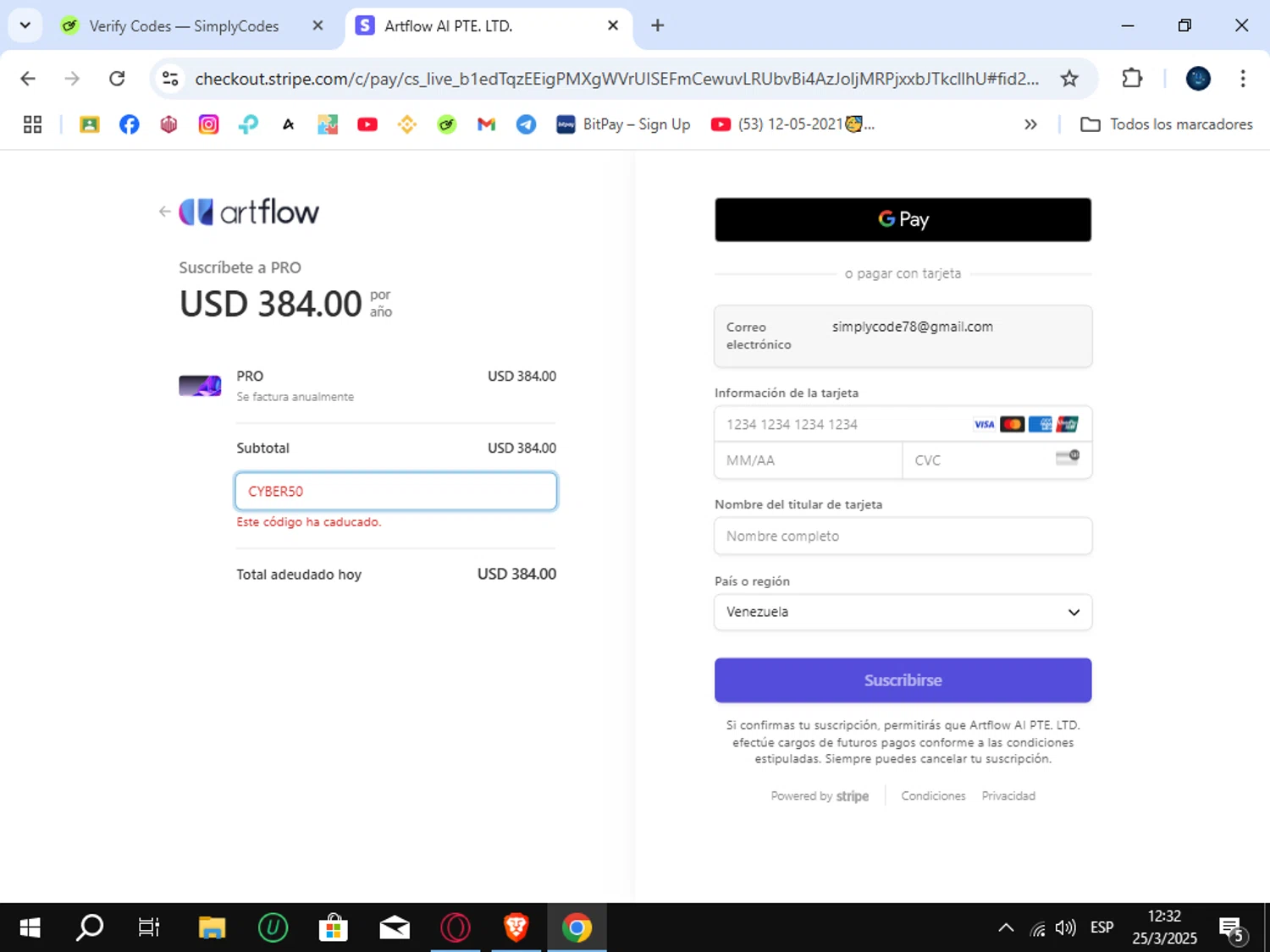 Artflow.ai promo code screenshot showing code cyber50 applied at Artflow.ai checkout page. Uploaded by SimplyCodes community member SunJinWoo on Mar 25, 2025