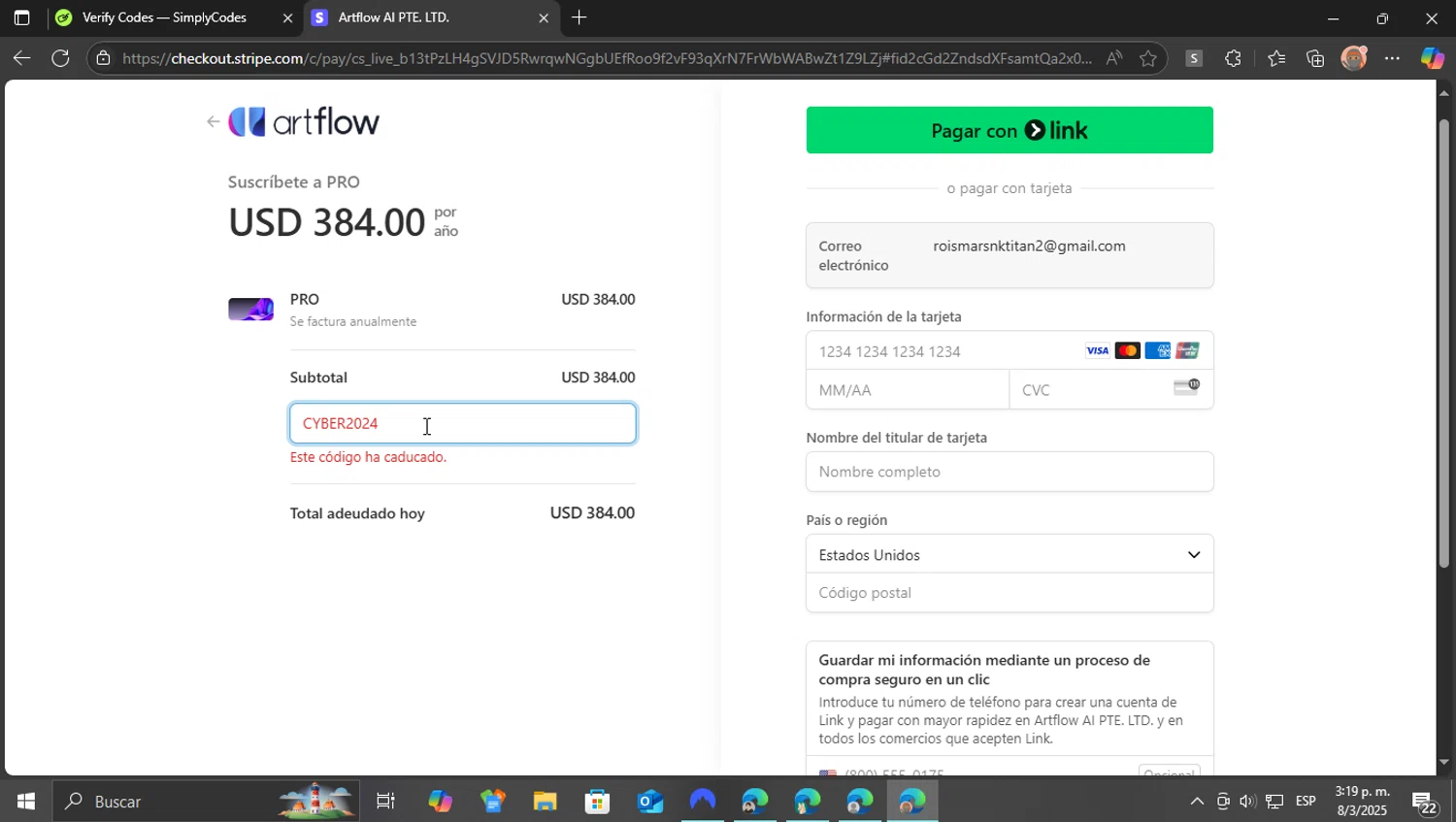 Artflow.ai promo code screenshot showing code CYBER2024 applied at Artflow.ai checkout page. Uploaded by SimplyCodes community member ShieldEagle9436 on Mar 8, 2025