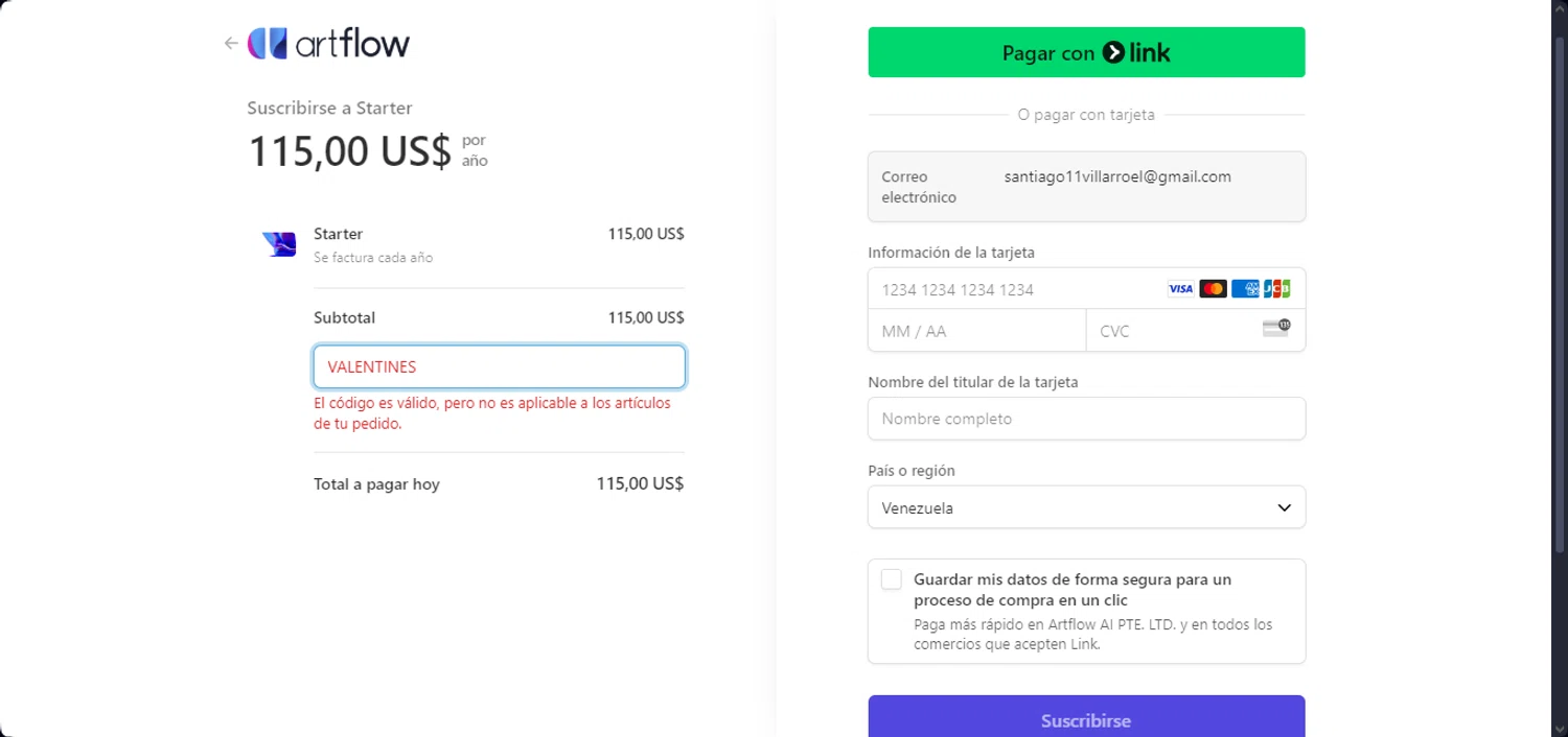 Artflow.ai checkout page showing Artflow.ai promo code box | Screenshot taken by SimplyCodes community member on Feb 8, 2025