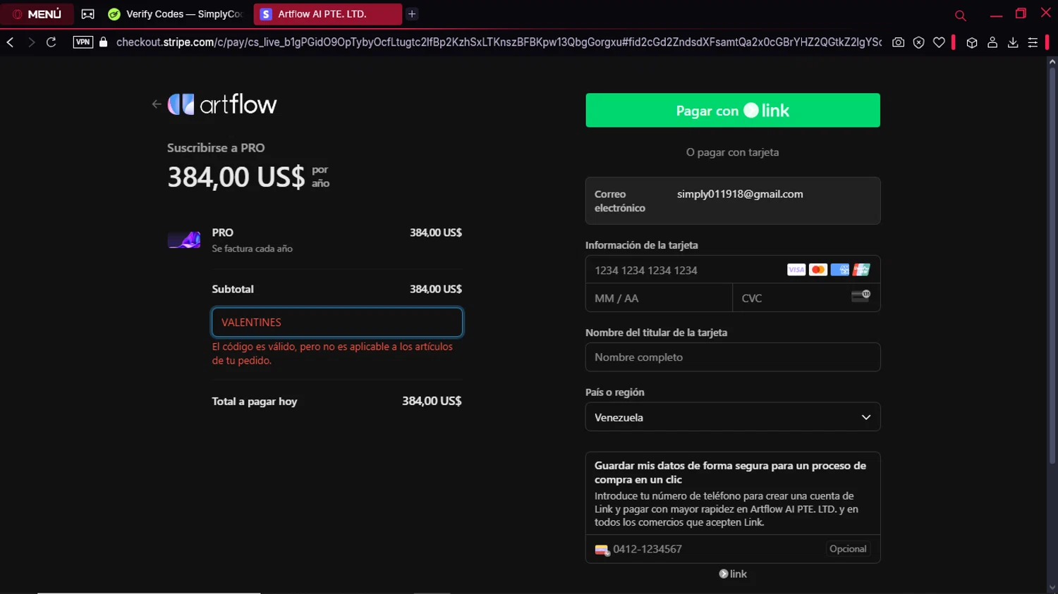 Artflow.ai checkout page showing Artflow.ai promo code box | Screenshot taken by SimplyCodes community member on Feb 22, 2025