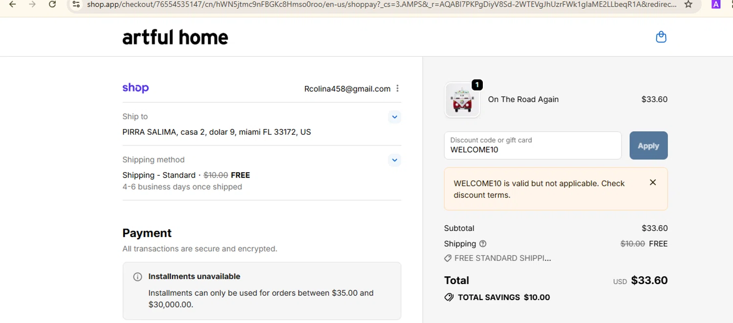 Artful Home promo code screenshot showing code WELCOME10 applied at Artful Home checkout page. Uploaded by SimplyCodes community member MightyMaven4946 on Nov 26, 2025