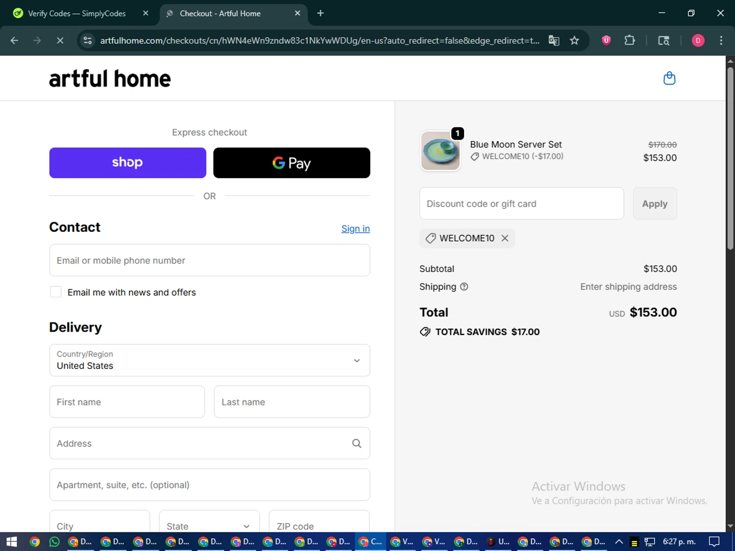 Artful Home promo code screenshot showing code WELCOME10 applied at Artful Home checkout page. Uploaded by SimplyCodes community member MoneySeeker7165 on Oct 28, 2025