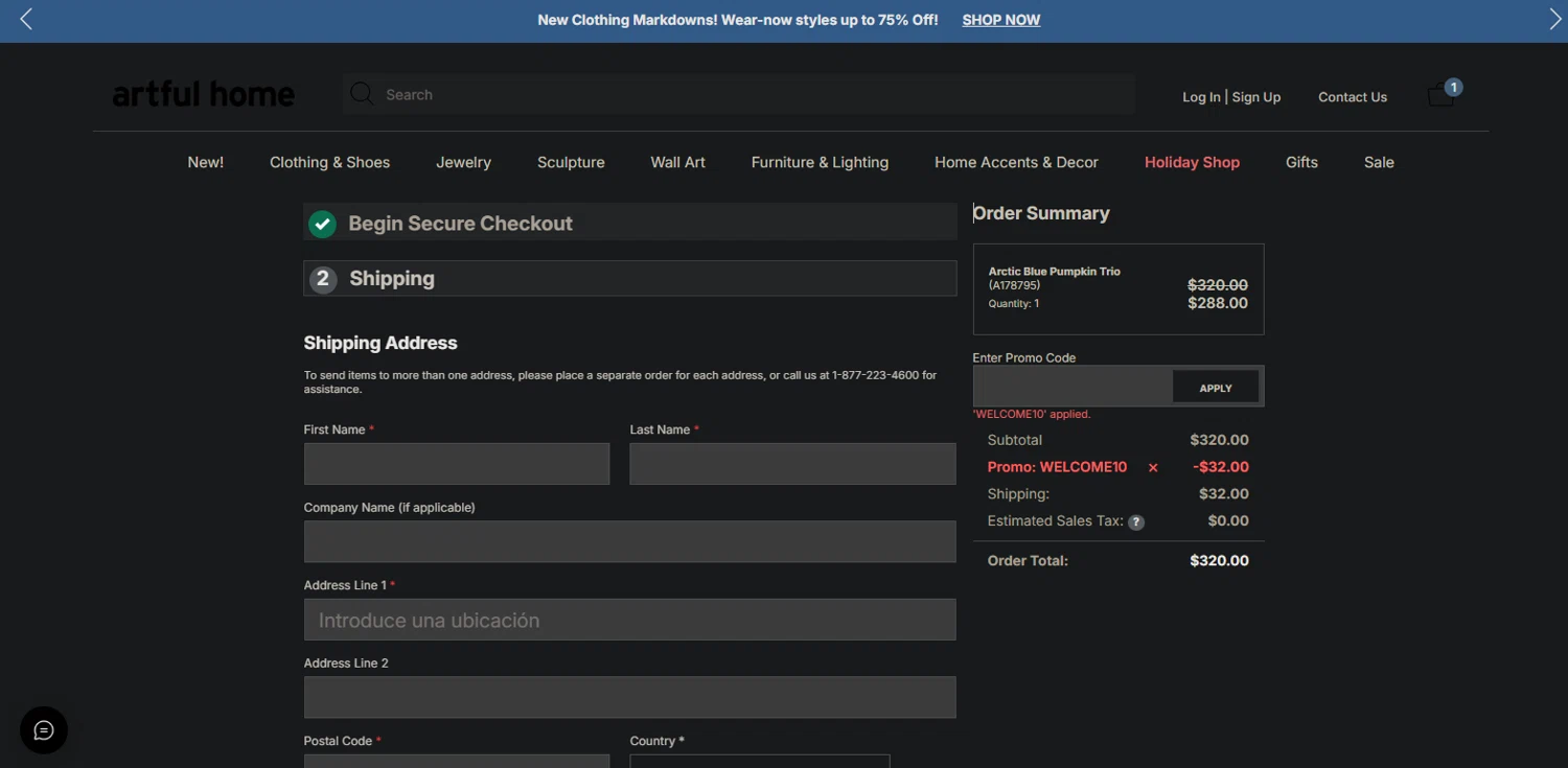 Artful Home promo code screenshot showing code WELCOME10 applied at Artful Home checkout page. Uploaded by SimplyCodes community member Nor_man on Sep 11, 2025