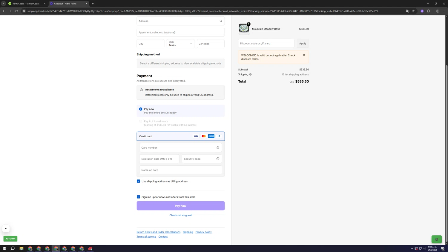 Artful Home promo code screenshot showing code WELCOME10 applied at Artful Home checkout page. Uploaded by SimplyCodes community member gggggggggggggggggggggg on Feb 21, 2026