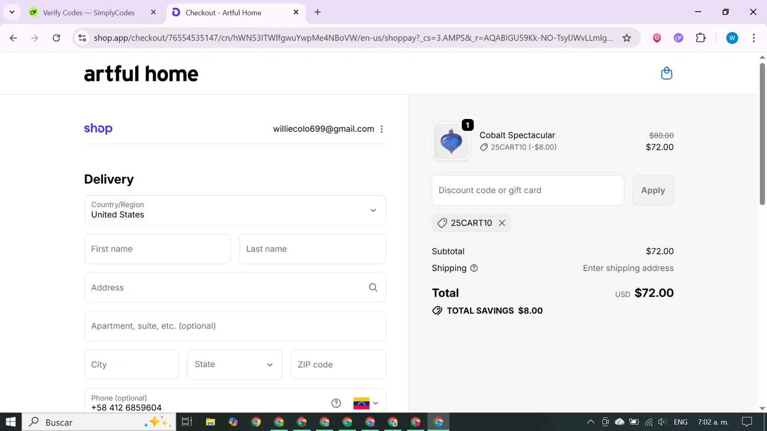 Artful Home promo code screenshot showing code 25CART10 applied at Artful Home checkout page. Uploaded by SimplyCodes community member CrownShopper7142 on Nov 8, 2025