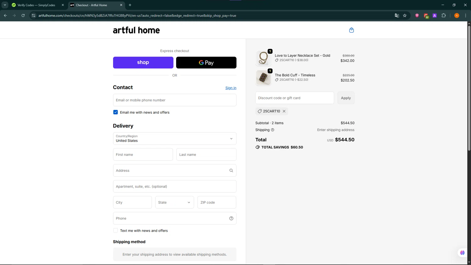Artful Home promo code screenshot showing code 25CART10 applied at Artful Home checkout page. Uploaded by SimplyCodes community member NobleScholar188 on Oct 10, 2025