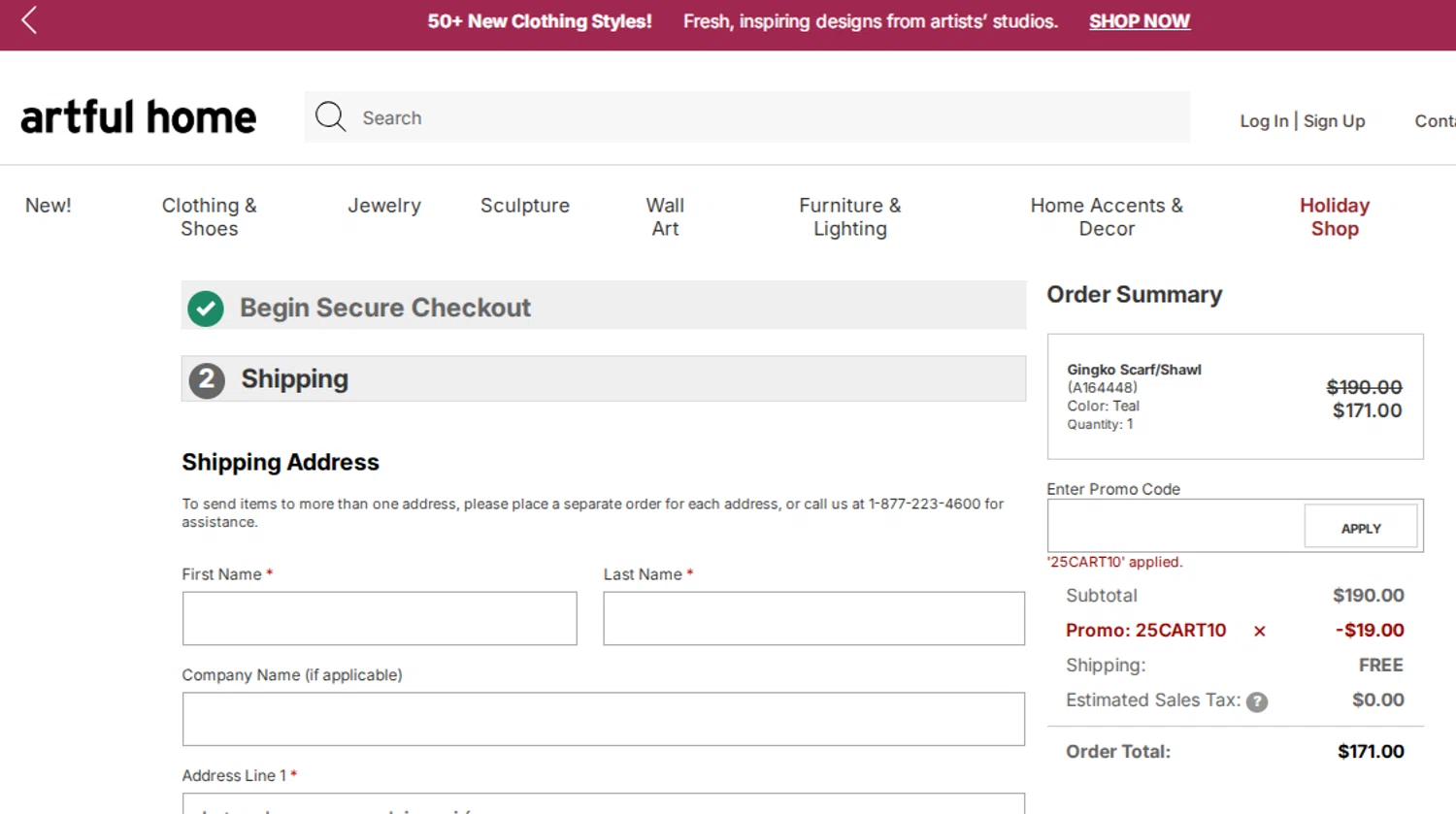 Artful Home promo code screenshot showing code 25CART10 applied at Artful Home checkout page. Uploaded by SimplyCodes community member VoucherVirtuoso2520 on Aug 25, 2025