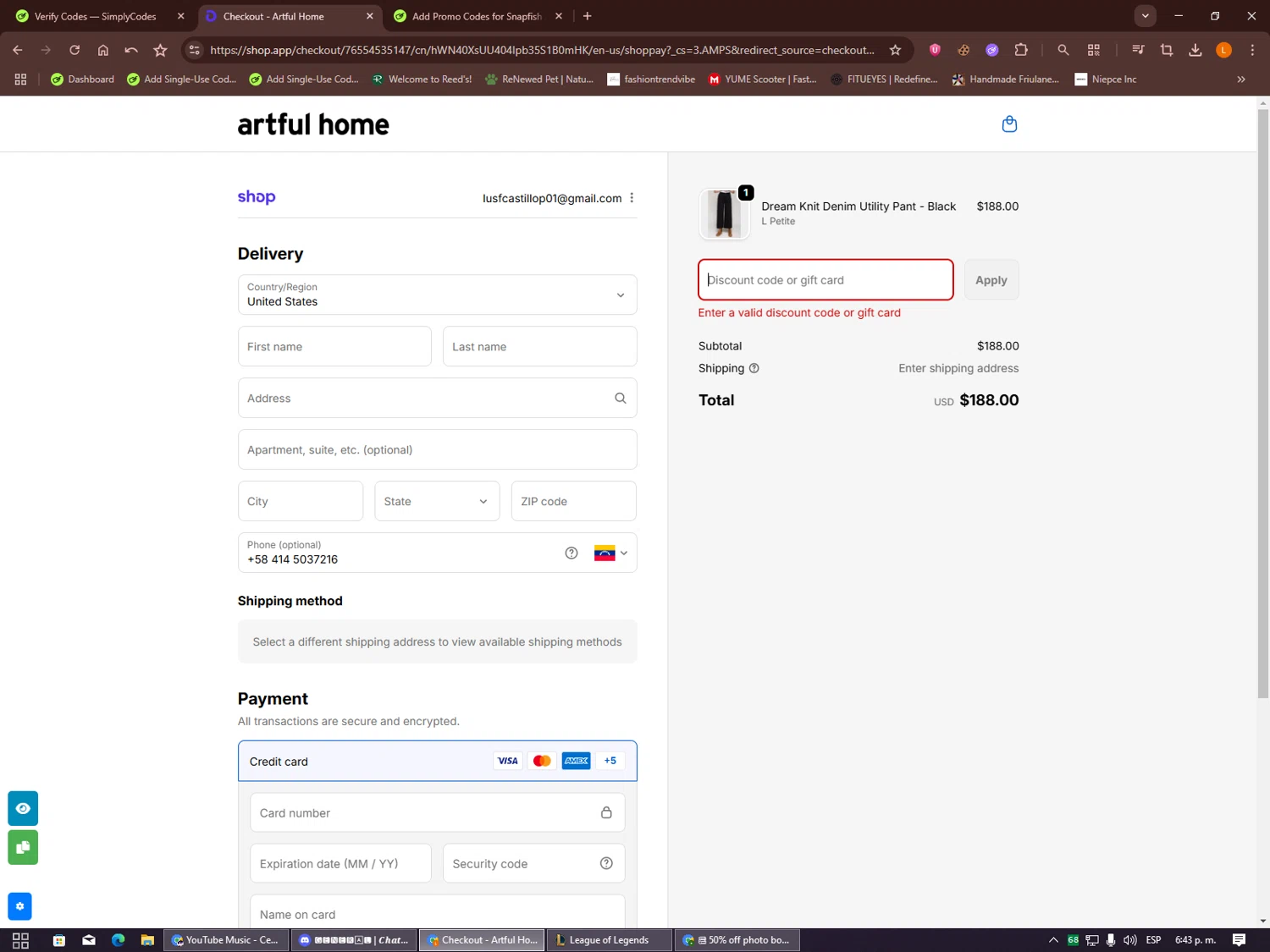 Artful Home promo code screenshot showing code WNB15 applied at Artful Home checkout page. Uploaded by SimplyCodes community member Alalee on Oct 11, 2025
