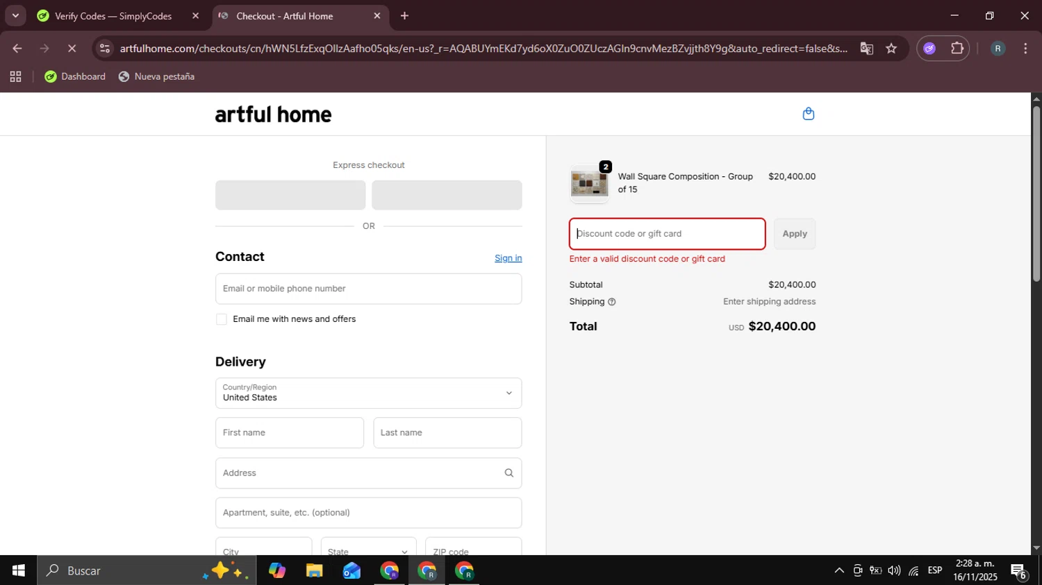 Artful Home promo code screenshot showing code YOURGIFT50 applied at Artful Home checkout page. Uploaded by SimplyCodes community member DealHawk3765 on Nov 16, 2025