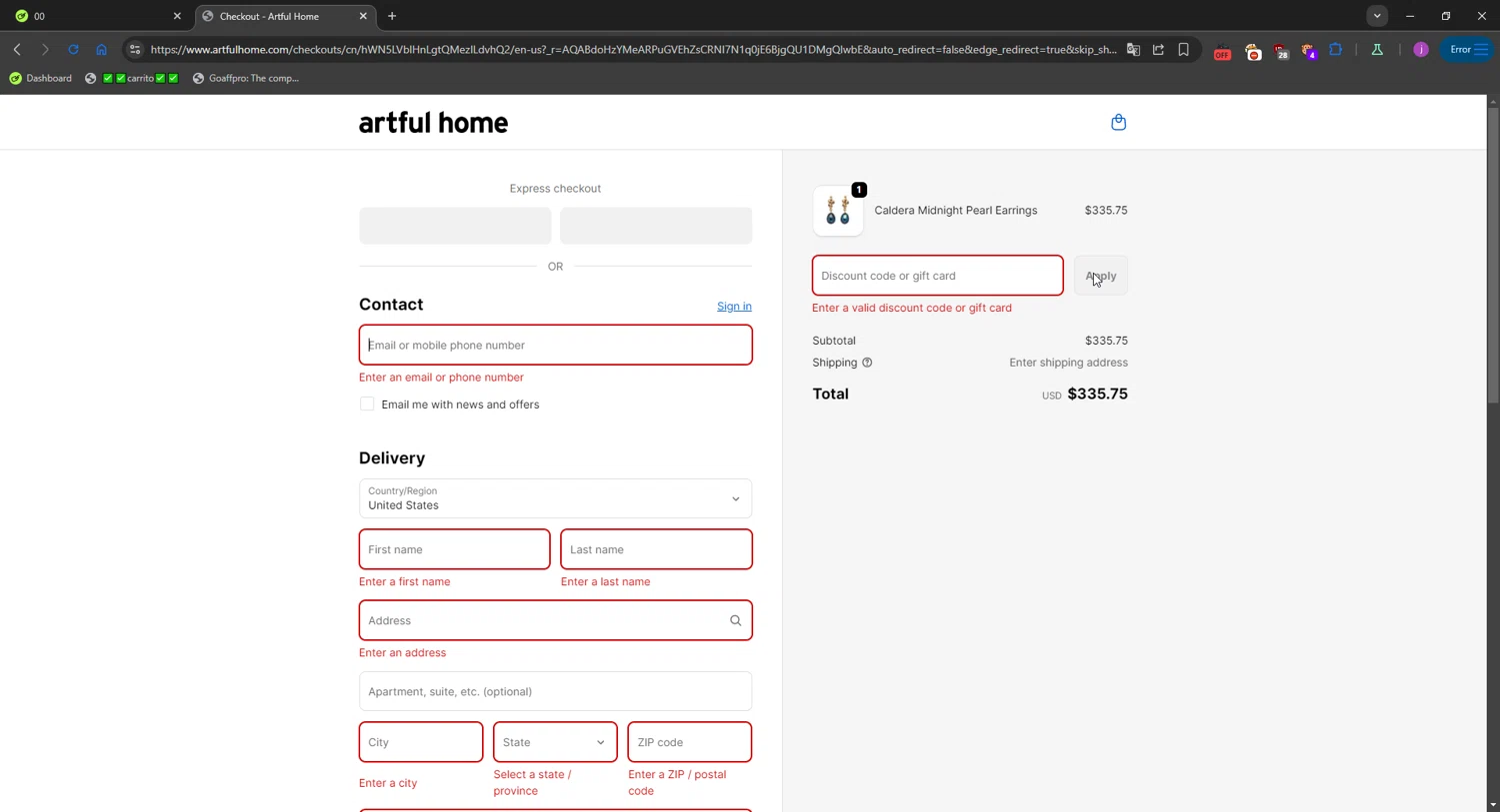 Artful Home promo code screenshot showing code YOURGIFT50 applied at Artful Home checkout page. Uploaded by SimplyCodes community member WonderMaverick6123 on Nov 16, 2025
