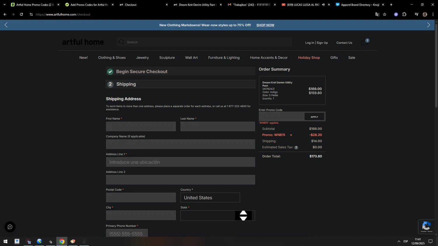 Artful Home promo code screenshot showing code WNB15 applied at Artful Home checkout page. Uploaded by SimplyCodes community member MarcosAranguren on Sep 12, 2025