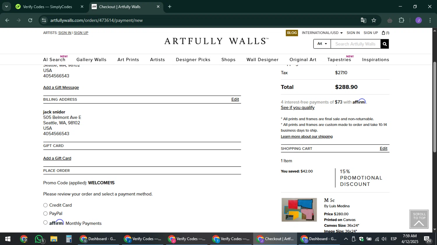 Artfully Walls promo code screenshot showing code WELCOME15 applied at Artfully Walls checkout page. Uploaded by SimplyCodes community member sniderjack453 on Apr 12, 2025