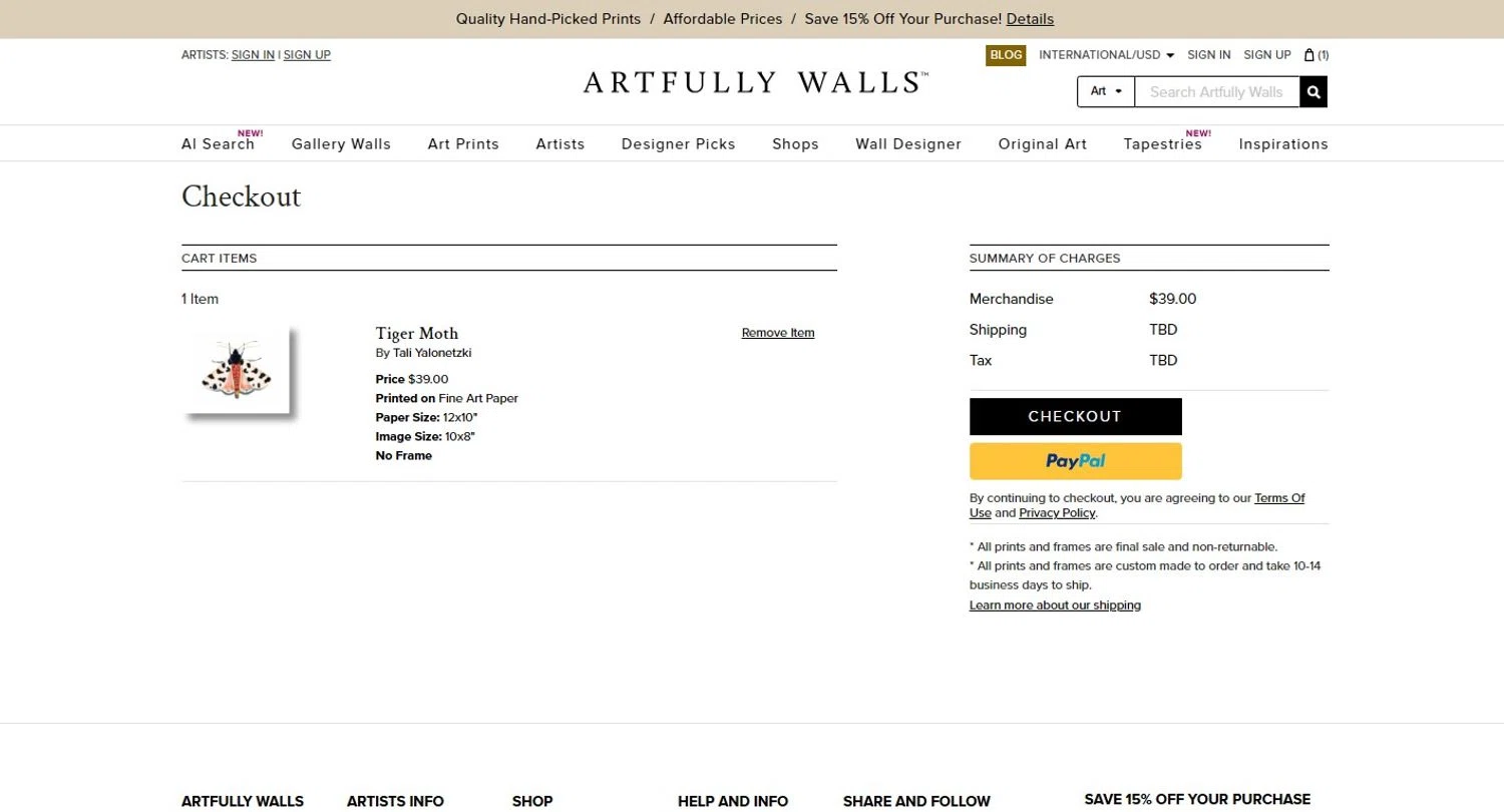 Artfully Walls checkout page showing Artfully Walls promo code box | Screenshot taken by SimplyCodes community member on Mar 9, 2025