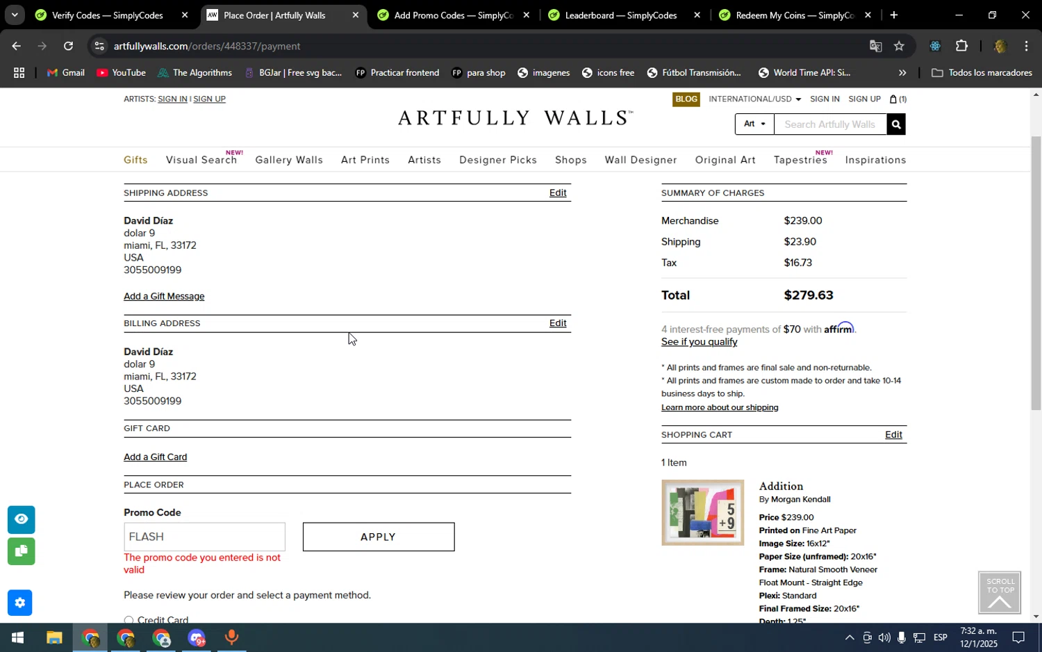Artfully Walls promo code screenshot showing code FLASH applied at Artfully Walls checkout page. Uploaded by SimplyCodes community member kakakakakka on Jan 12, 2025