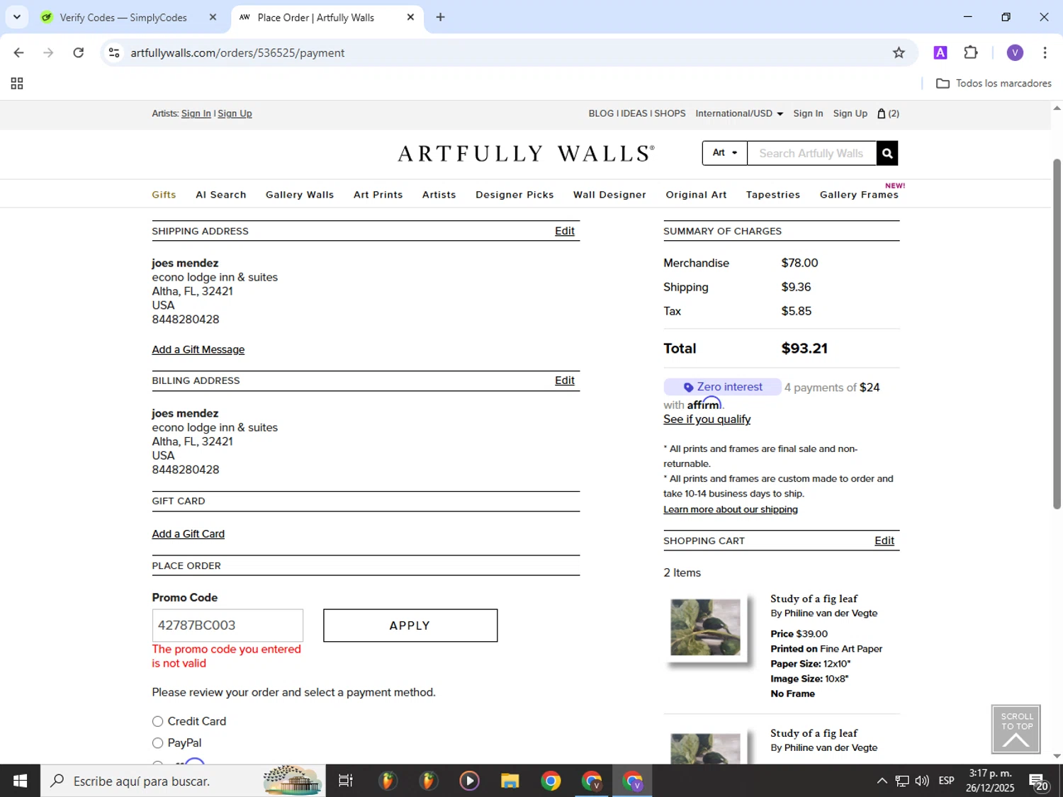 Artfully Walls promo code screenshot showing code 42787BC003 applied at Artfully Walls checkout page. Uploaded by SimplyCodes community member Gianpiero on Dec 26, 2025