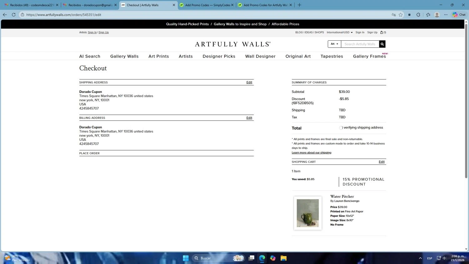 Artfully Walls promo code screenshot showing code 1BF52DB505 applied at Artfully Walls checkout page. Uploaded by SimplyCodes community member Mdeoca on Jan 23, 2026