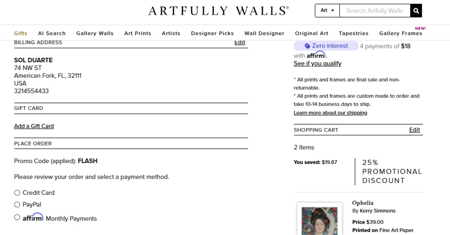 Artfully Walls promo code screenshot showing code FLASH applied at Artfully Walls checkout page. Uploaded by SimplyCodes community member diacelysduartesuarez on Dec 13, 2025