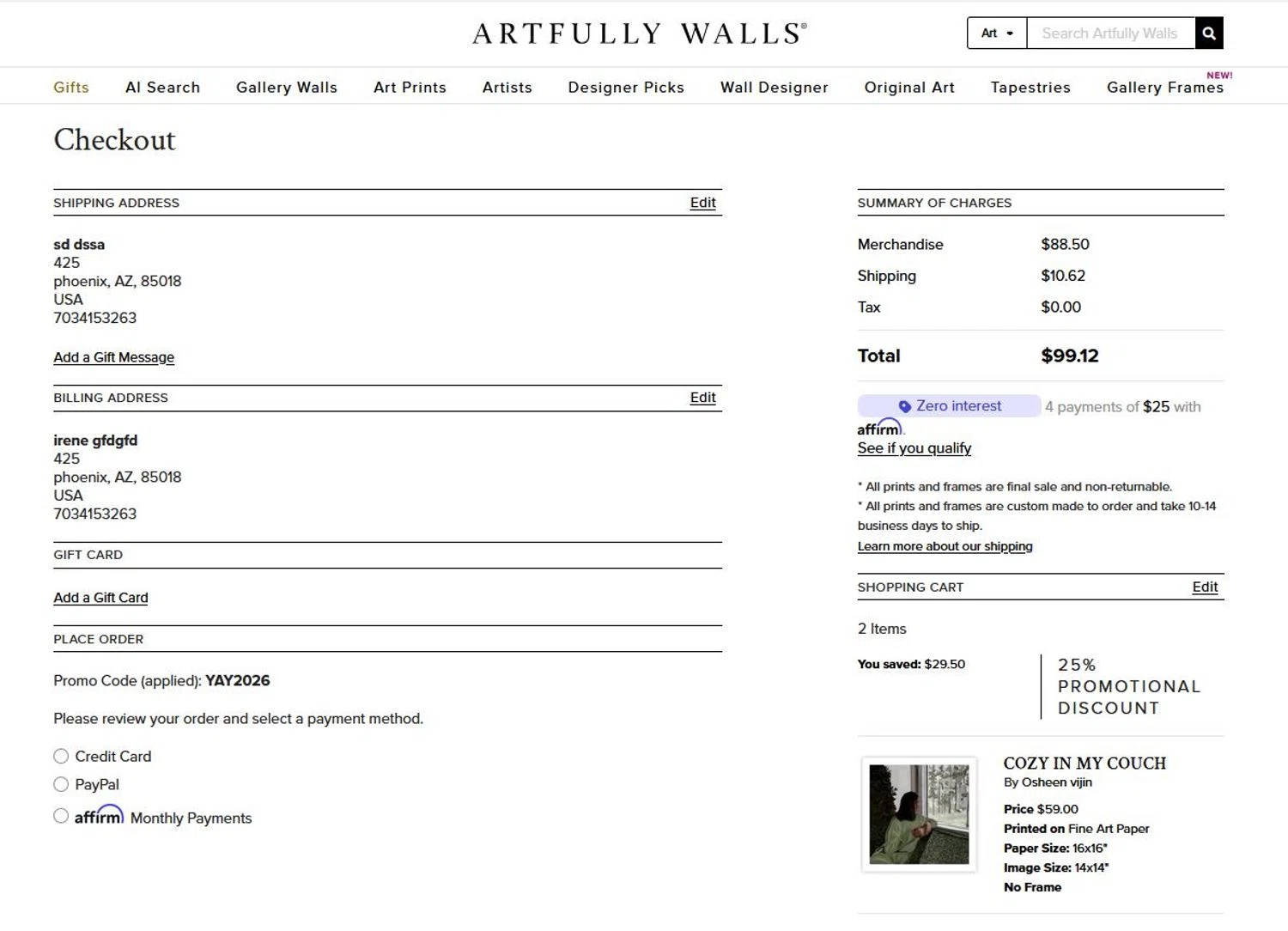 Artfully Walls promo code screenshot showing code yay2026 applied at Artfully Walls checkout page. Uploaded by SimplyCodes community member stygian1 on Dec 26, 2025