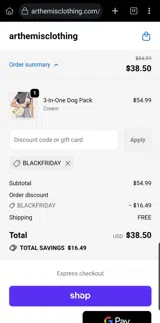 Arthemisclothing coupon verification screenshot