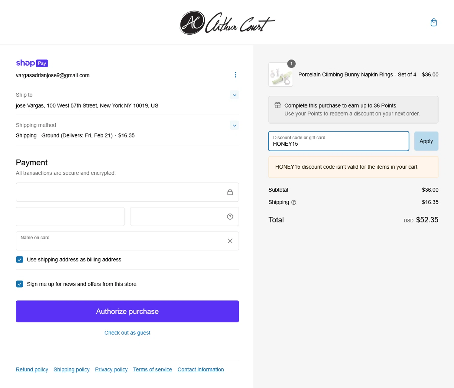 Arthur Court Designs promo code screenshot showing code HONEY15 applied at Arthur Court Designs checkout page. Uploaded by SimplyCodes community member WladimirV on Feb 16, 2025